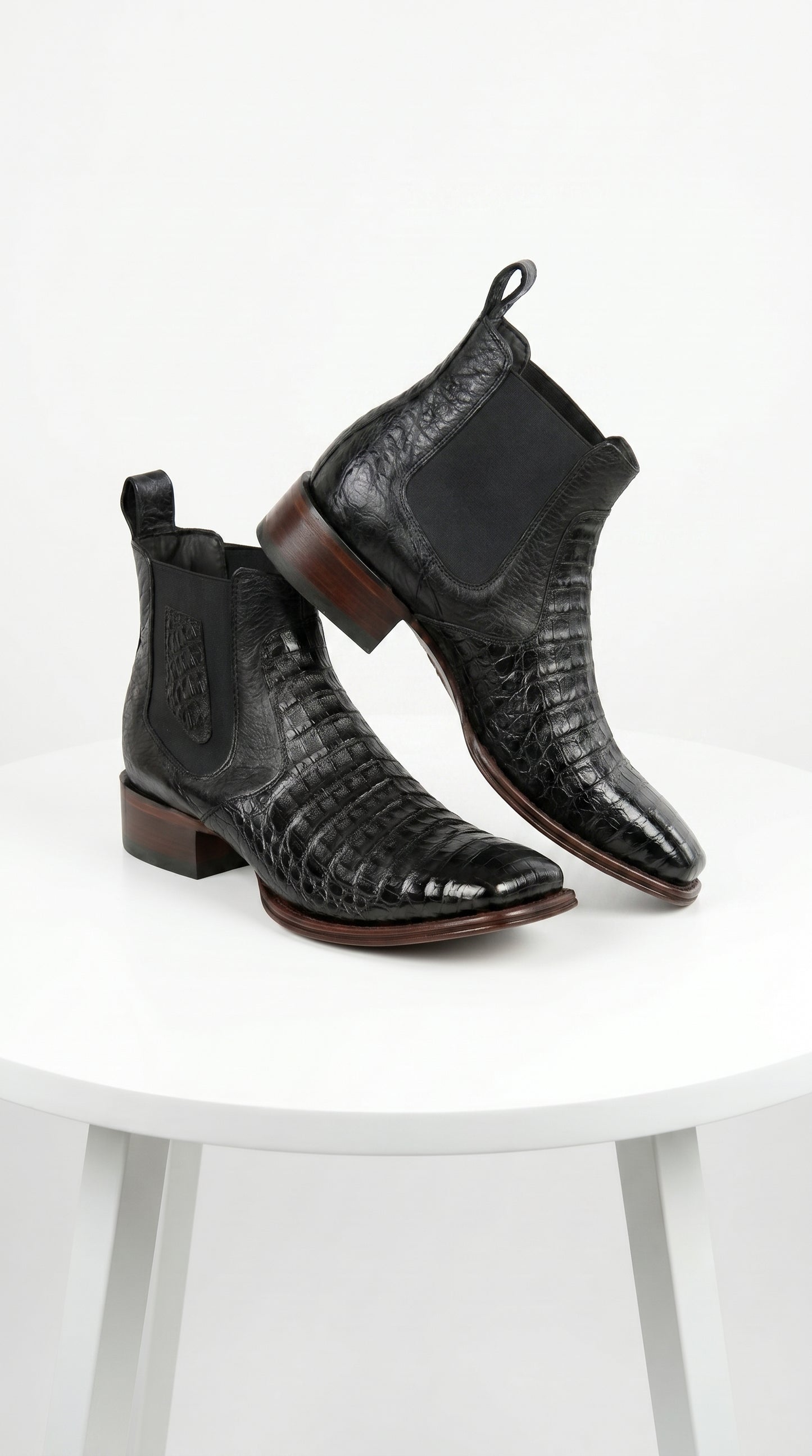Men’s Los Altos Black Caiman Belly Short Boots with Wide Square Toe, Exotic Western Ankle Boots