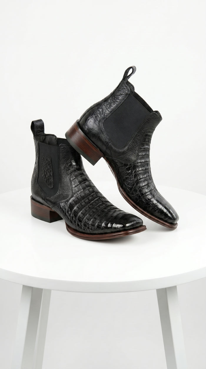Men’s Los Altos Black Caiman Belly Short Boots with Wide Square Toe, Exotic Western Ankle Boots