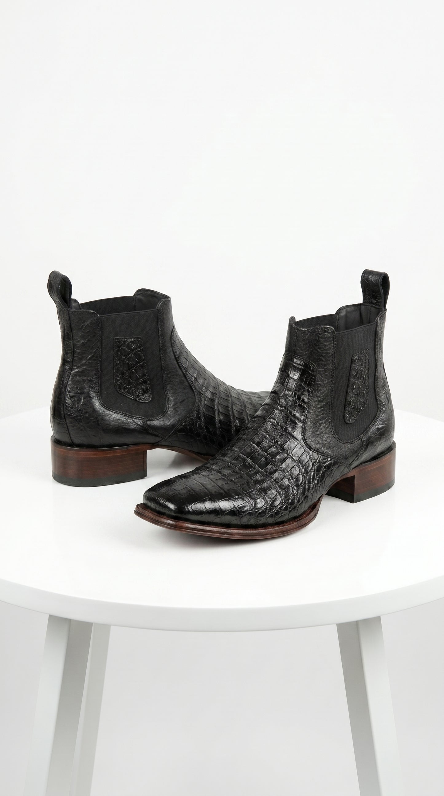 Men’s Los Altos Black Caiman Belly Short Boots with Wide Square Toe, Exotic Western Ankle Boots