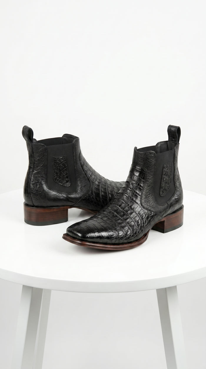 Men’s Los Altos Black Caiman Belly Short Boots with Wide Square Toe, Exotic Western Ankle Boots