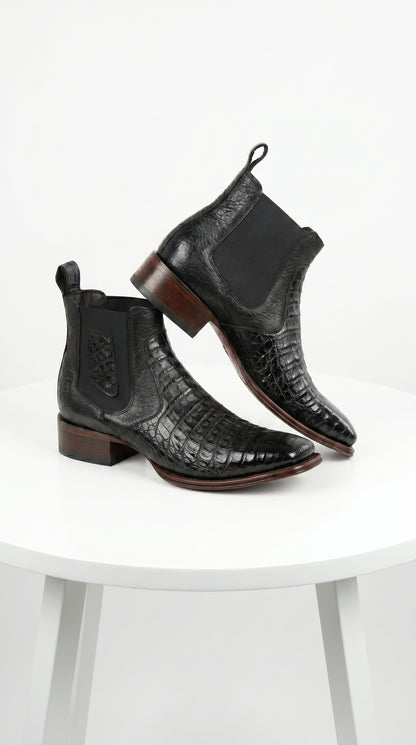 Men’s Los Altos Black Caiman Belly Short Boots with Wide Square Toe, Exotic Western Ankle Boots