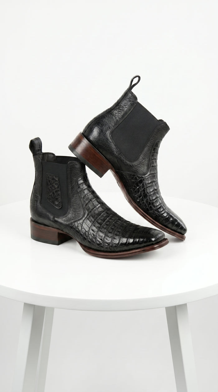 Men’s Los Altos Black Caiman Belly Short Boots with Wide Square Toe, Exotic Western Ankle Boots