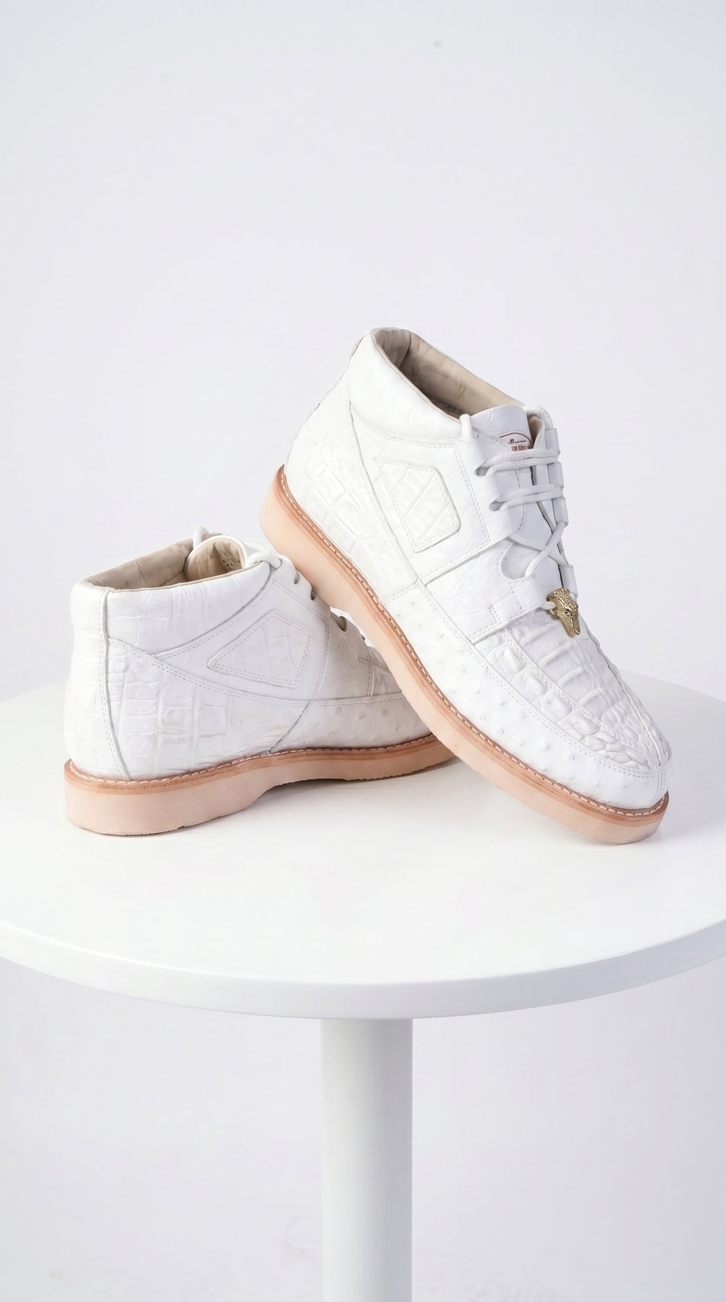 Men’s Los Altos White Caiman and Ostrich Skin Casual Sneakers, Exotic Lace Up Dress Shoes