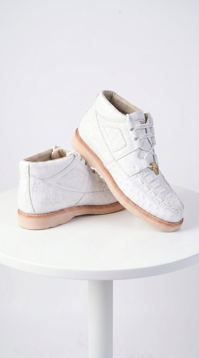 Men’s Los Altos White Caiman and Ostrich Skin Casual Sneakers, Exotic Lace Up Dress Shoes