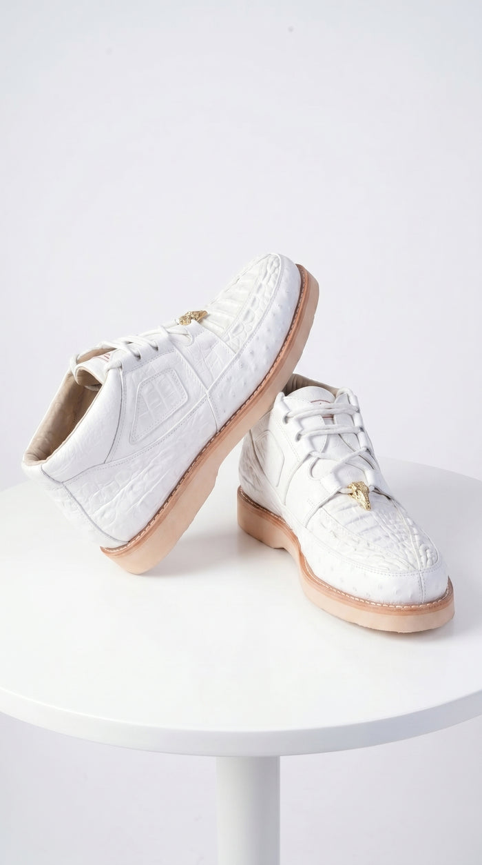 Men’s Los Altos White Caiman and Ostrich Skin Casual Sneakers, Exotic Lace Up Dress Shoes