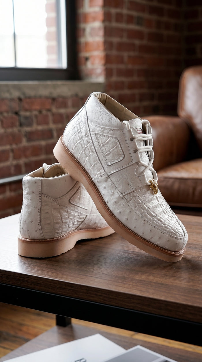 Men’s Los Altos White Caiman and Ostrich Skin Casual Sneakers, Exotic Lace Up Dress Shoes