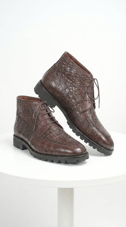 Men’s Los Altos Brown Genuine Caiman Crocodile Belly Ankle Boots, Exotic Lace Up Western Boots