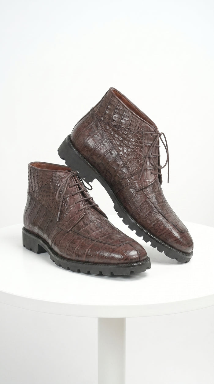 Men’s Los Altos Brown Genuine Caiman Crocodile Belly Ankle Boots, Exotic Lace Up Western Boots