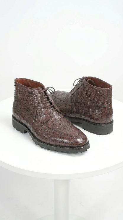 Men’s Los Altos Brown Genuine Caiman Crocodile Belly Ankle Boots, Exotic Lace Up Western Boots