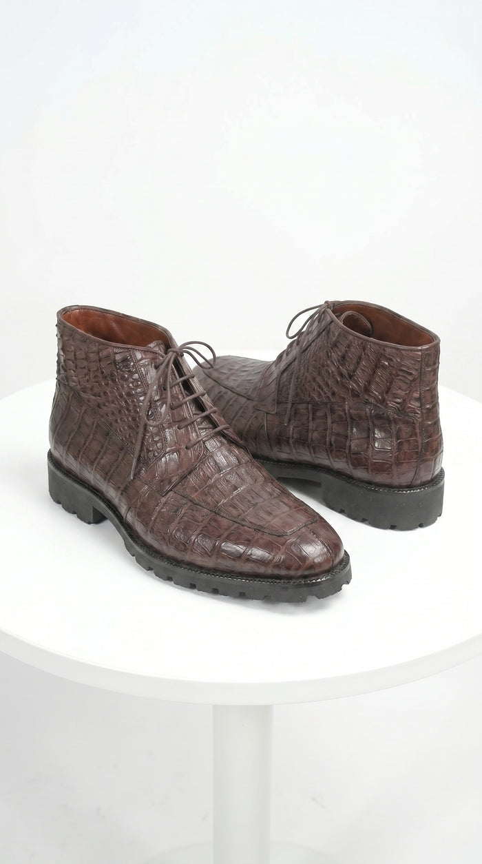 Men’s Los Altos Brown Genuine Caiman Crocodile Belly Ankle Boots, Exotic Lace Up Western Boots