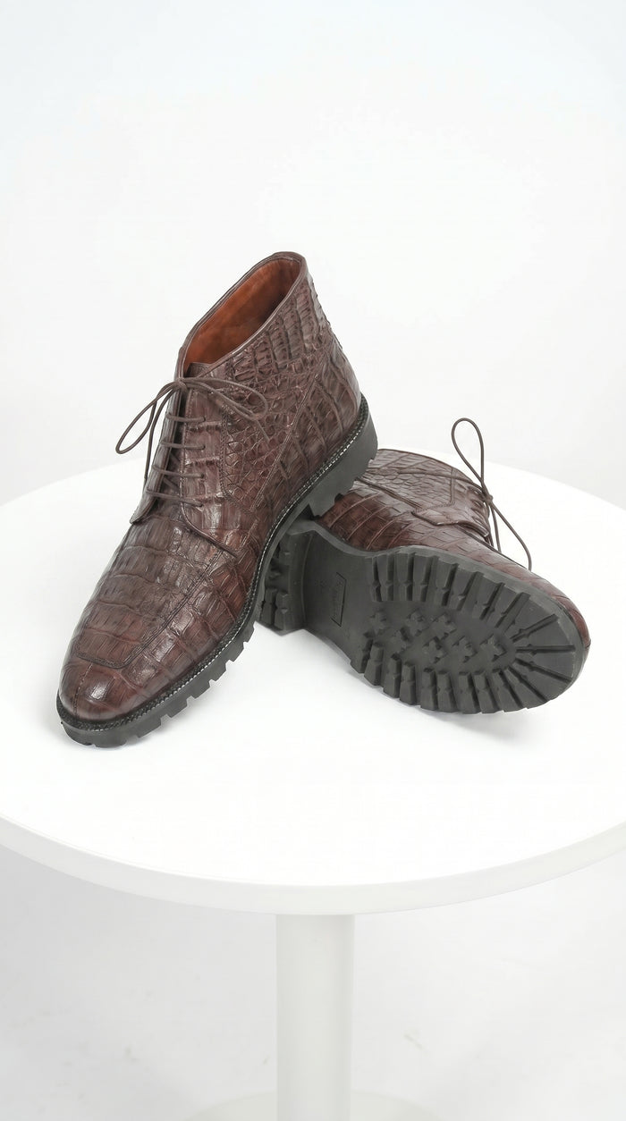 Men’s Los Altos Brown Genuine Caiman Crocodile Belly Ankle Boots, Exotic Lace Up Western Boots