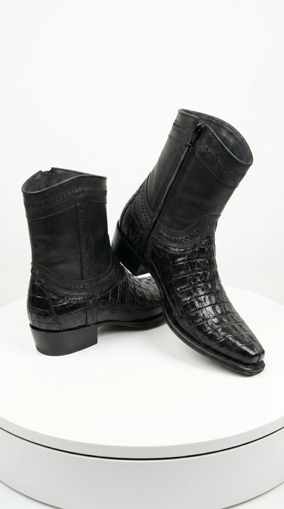 Men’s Los Altos Black Caiman Tail Short Cowboy Boots, Western Dress Boots