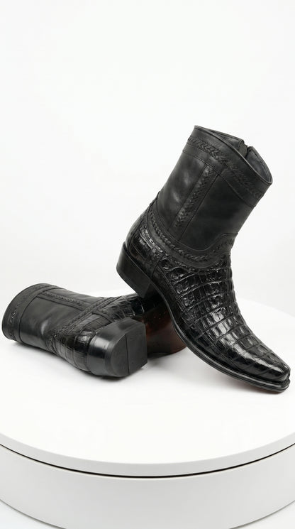 Men’s Los Altos Black Caiman Tail Short Cowboy Boots, Western Dress Boots