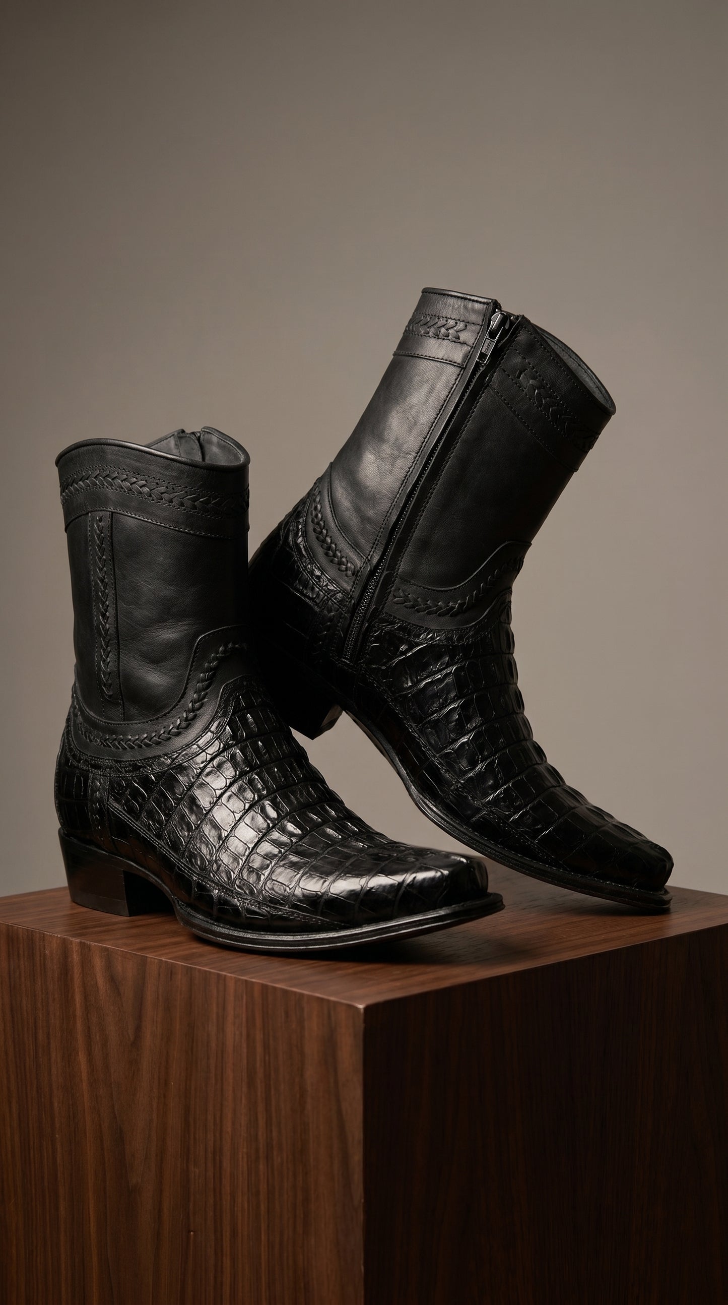 Men’s Los Altos Black Caiman Tail Short Cowboy Boots, Western Dress Boots