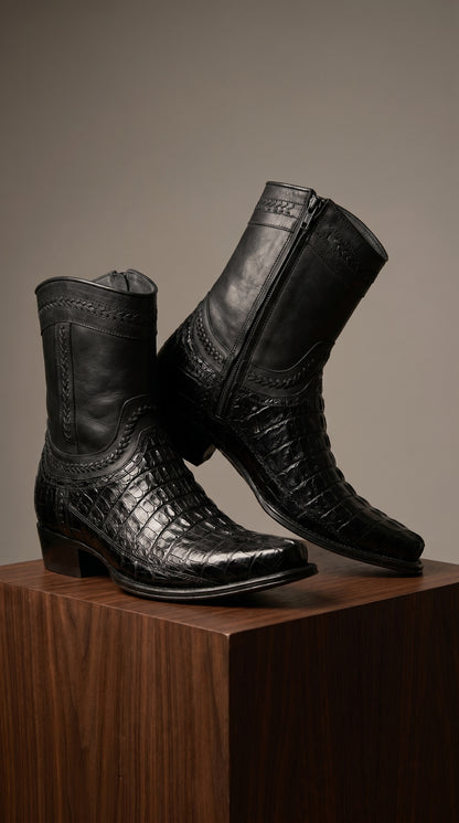 Men’s Los Altos Black Caiman Tail Short Cowboy Boots, Western Dress Boots