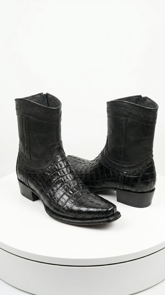Men’s Los Altos Black Caiman Tail Short Cowboy Boots, Western Dress Boots