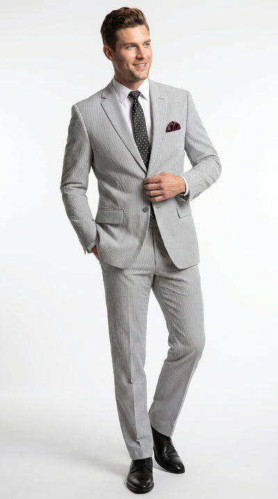 Men’s Black Pinstripe Summer Seersucker 2 Piece Suit with Jacket and Pants