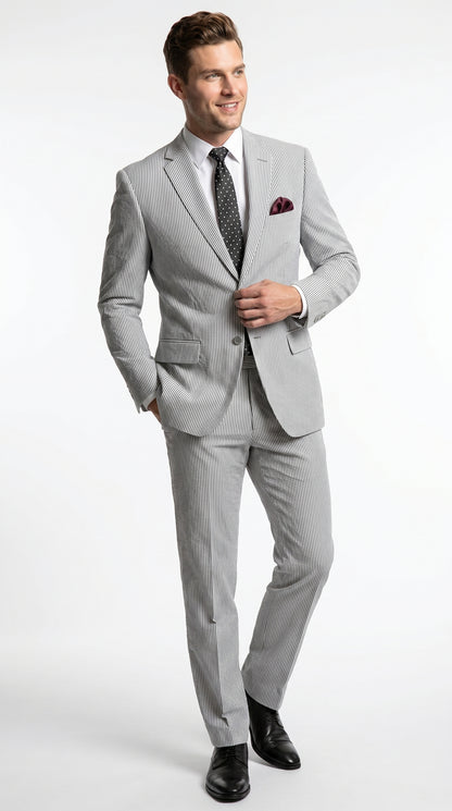Men’s Black Pinstripe Summer Seersucker 2 Piece Suit with Jacket and Pants