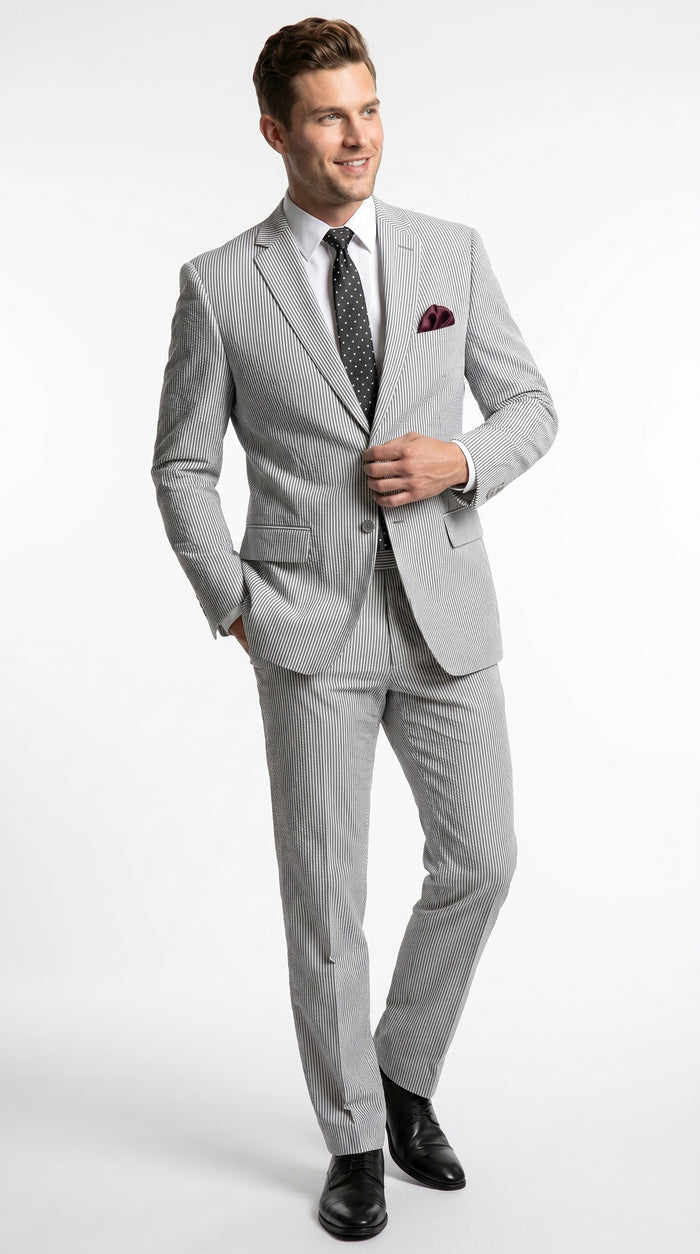 Men’s Black Pinstripe Summer Seersucker 2 Piece Suit with Jacket and Pants