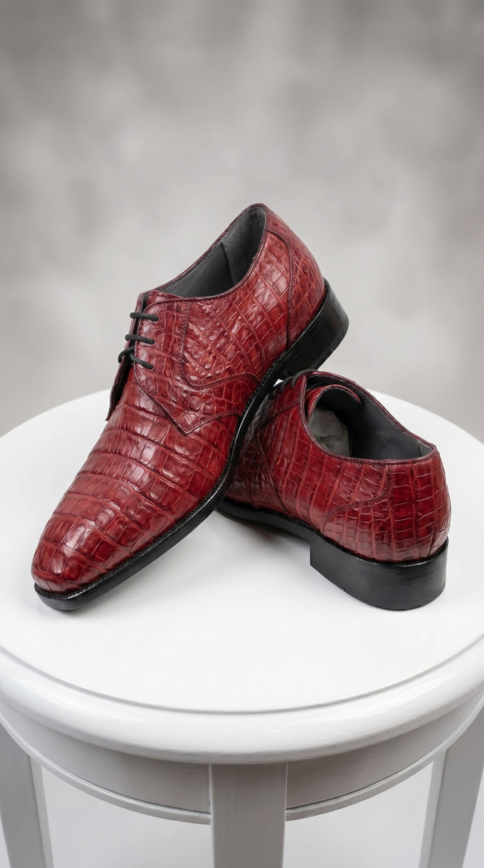 Men’s Los Altos Wine Burgundy Crocodile Lace Up Dress Shoes, Exotic Formal Wedding Shoes