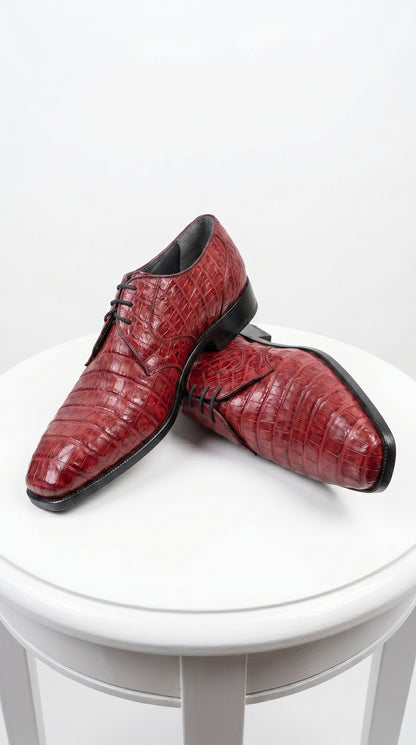 Men’s Los Altos Wine Burgundy Crocodile Lace Up Dress Shoes, Exotic Formal Wedding Shoes