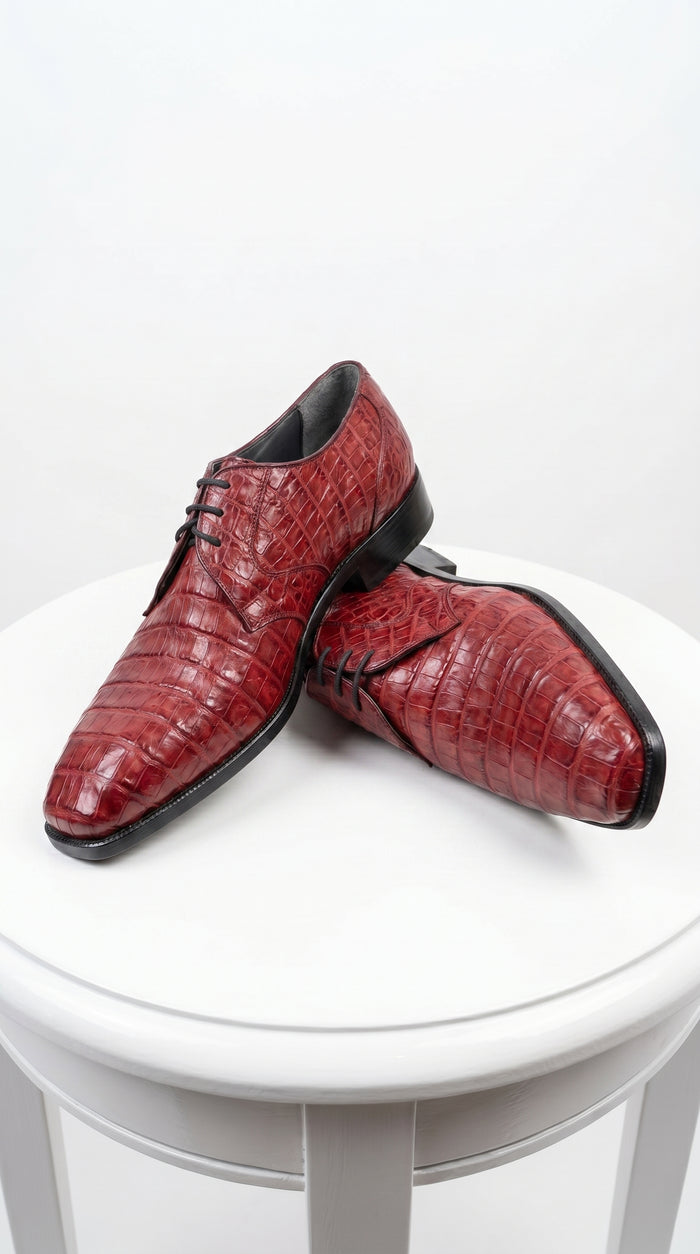 Men’s Los Altos Wine Burgundy Crocodile Lace Up Dress Shoes, Exotic Formal Wedding Shoes