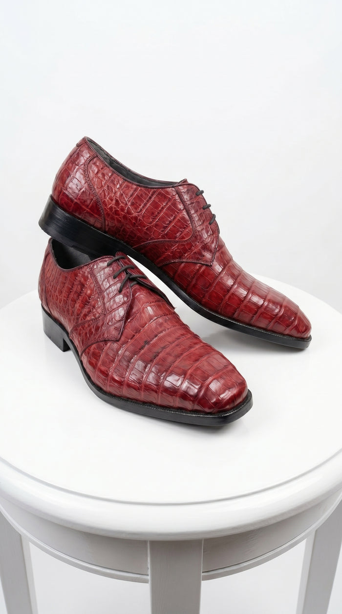 Men’s Los Altos Wine Burgundy Crocodile Lace Up Dress Shoes, Exotic Formal Wedding Shoes