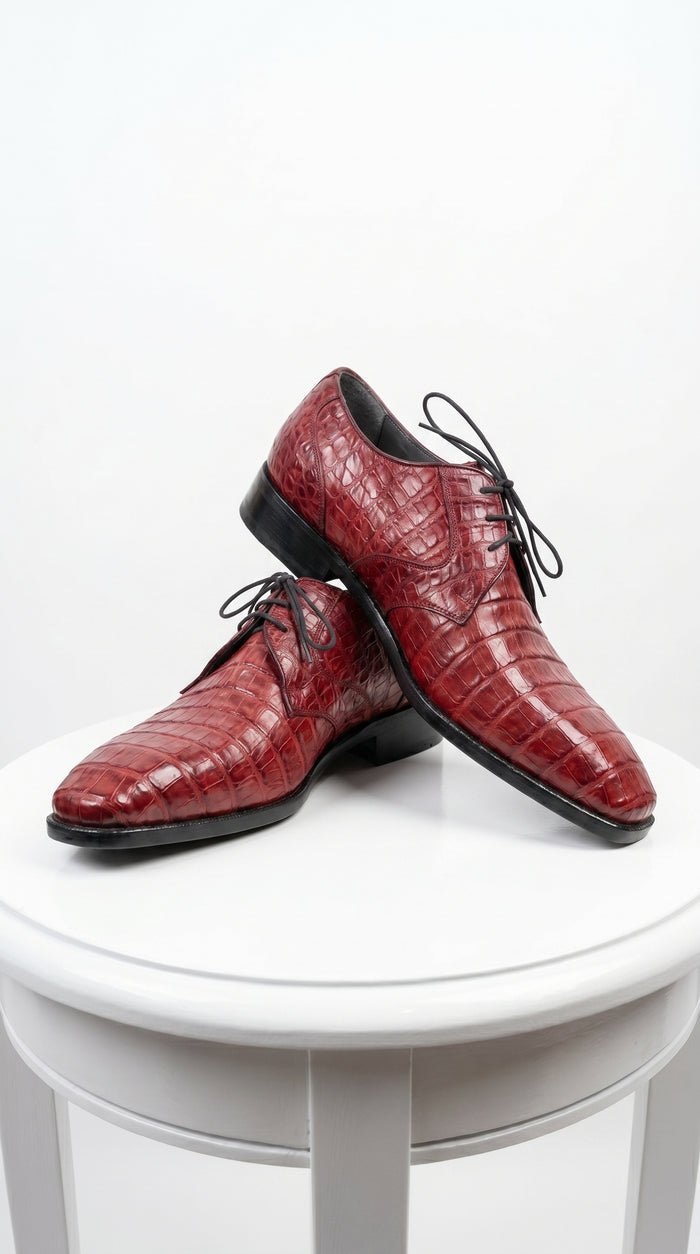 Men’s Los Altos Wine Burgundy Crocodile Lace Up Dress Shoes, Exotic Formal Wedding Shoes