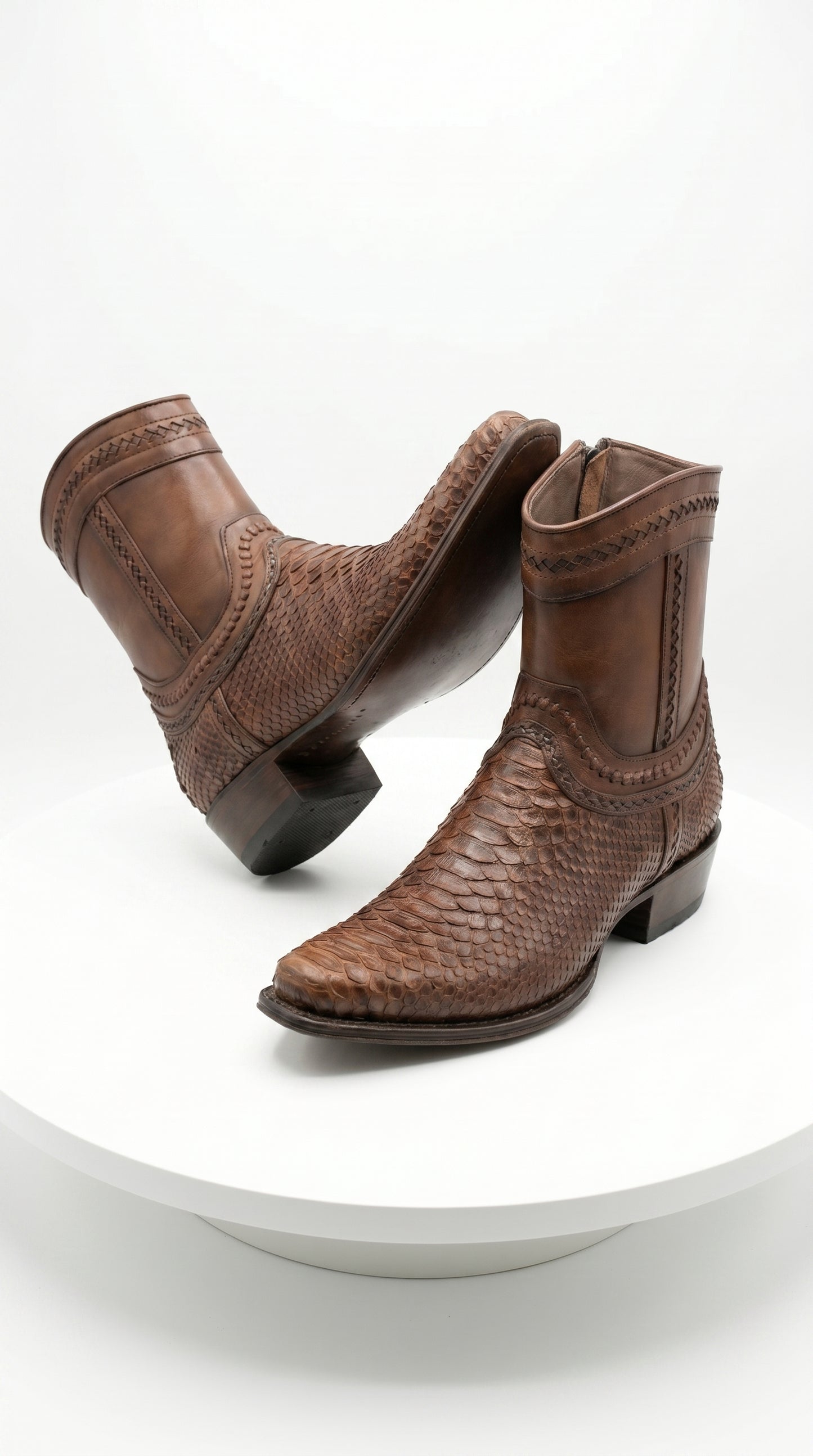 Men’s Los Altos Porto Brown Python Skin Short Boots with European Toe, Exotic Western Dress Boots