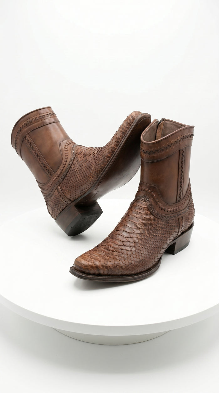 Men’s Los Altos Porto Brown Python Skin Short Boots with European Toe, Exotic Western Dress Boots