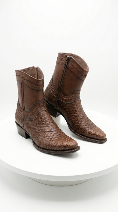 Men’s Los Altos Porto Brown Python Skin Short Boots with European Toe, Exotic Western Dress Boots