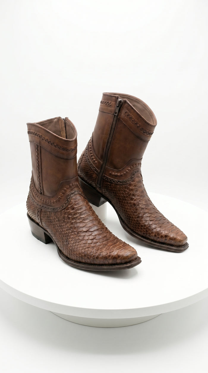 Men’s Los Altos Porto Brown Python Skin Short Boots with European Toe, Exotic Western Dress Boots