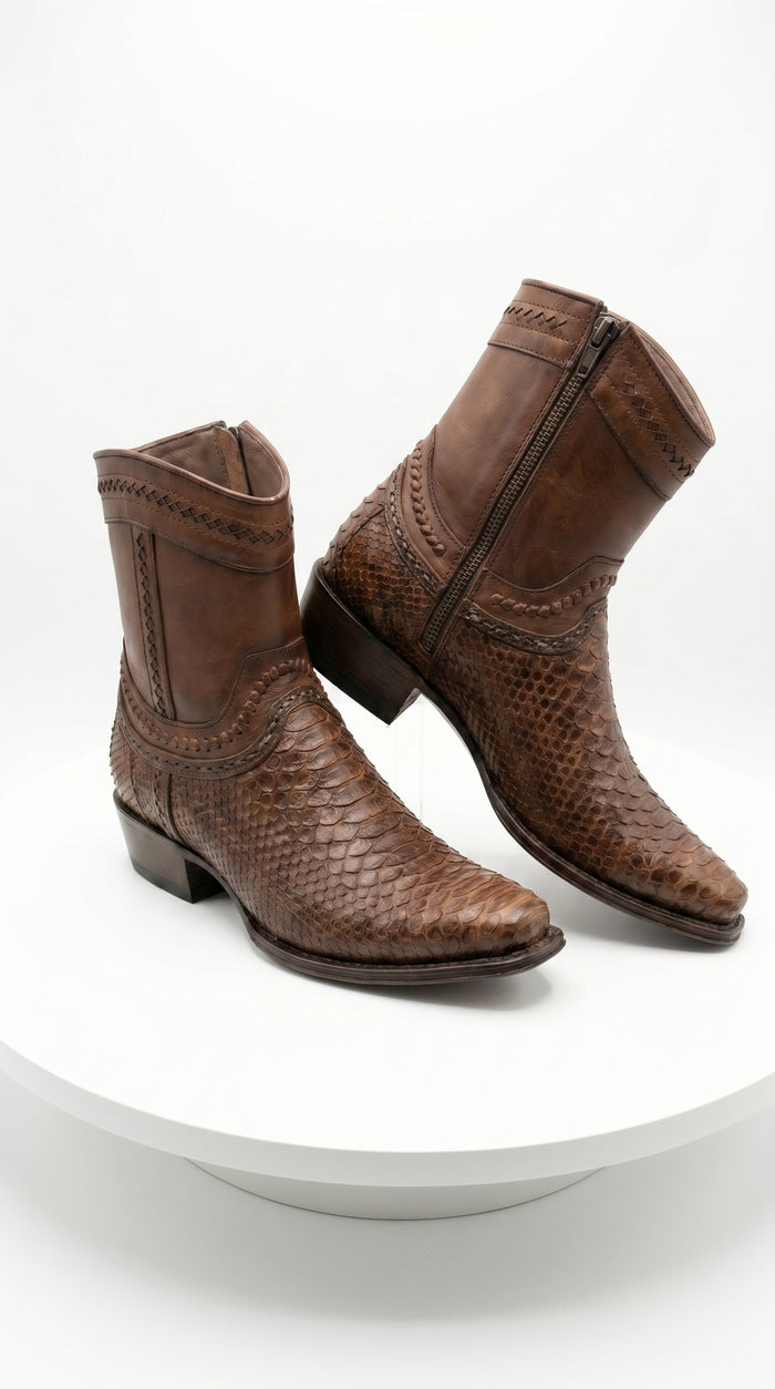 Men’s Los Altos Porto Brown Python Skin Short Boots with European Toe, Exotic Western Dress Boots