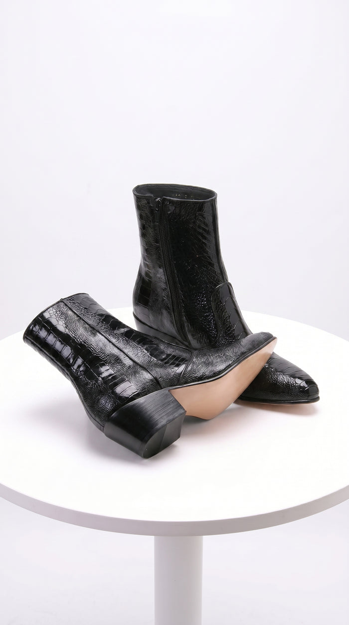 Men’s Los Altos Black Genuine Ostrich Leg Leather Ankle Boots, Exotic Western Dress Boots