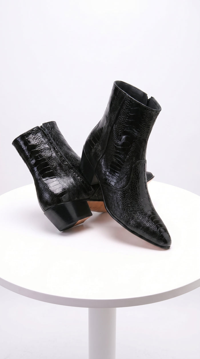 Men’s Los Altos Black Genuine Ostrich Leg Leather Ankle Boots, Exotic Western Dress Boots