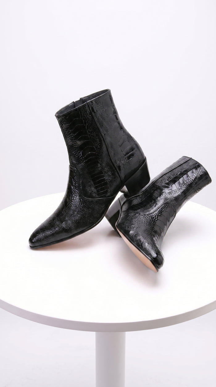 Men’s Los Altos Black Genuine Ostrich Leg Leather Ankle Boots, Exotic Western Dress Boots