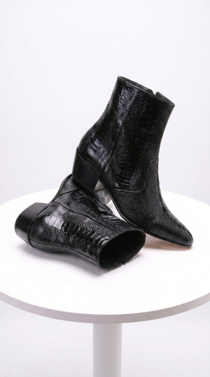 Men’s Los Altos Black Genuine Ostrich Leg Leather Ankle Boots, Exotic Western Dress Boots