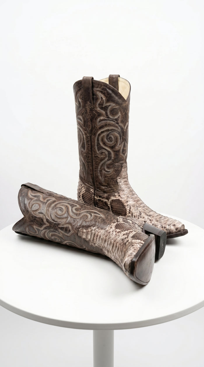 Men’s Los Altos Brown Rustic Python Snip Toe Cowboy Boots, Western Dress Boots