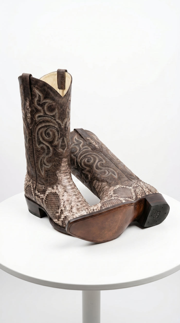 Men’s Los Altos Brown Rustic Python Snip Toe Cowboy Boots, Western Dress Boots