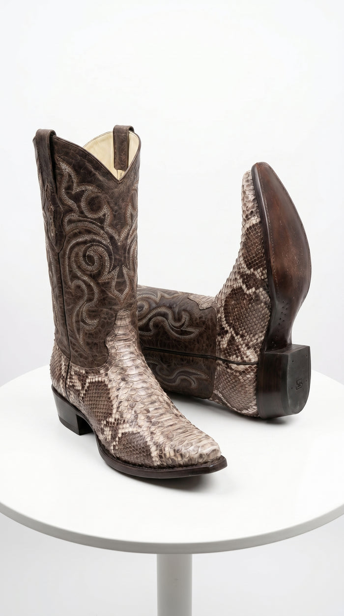 Men’s Los Altos Brown Rustic Python Snip Toe Cowboy Boots, Western Dress Boots