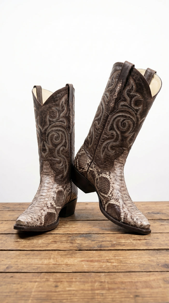Men’s Los Altos Brown Rustic Python Snip Toe Cowboy Boots, Western Dress Boots
