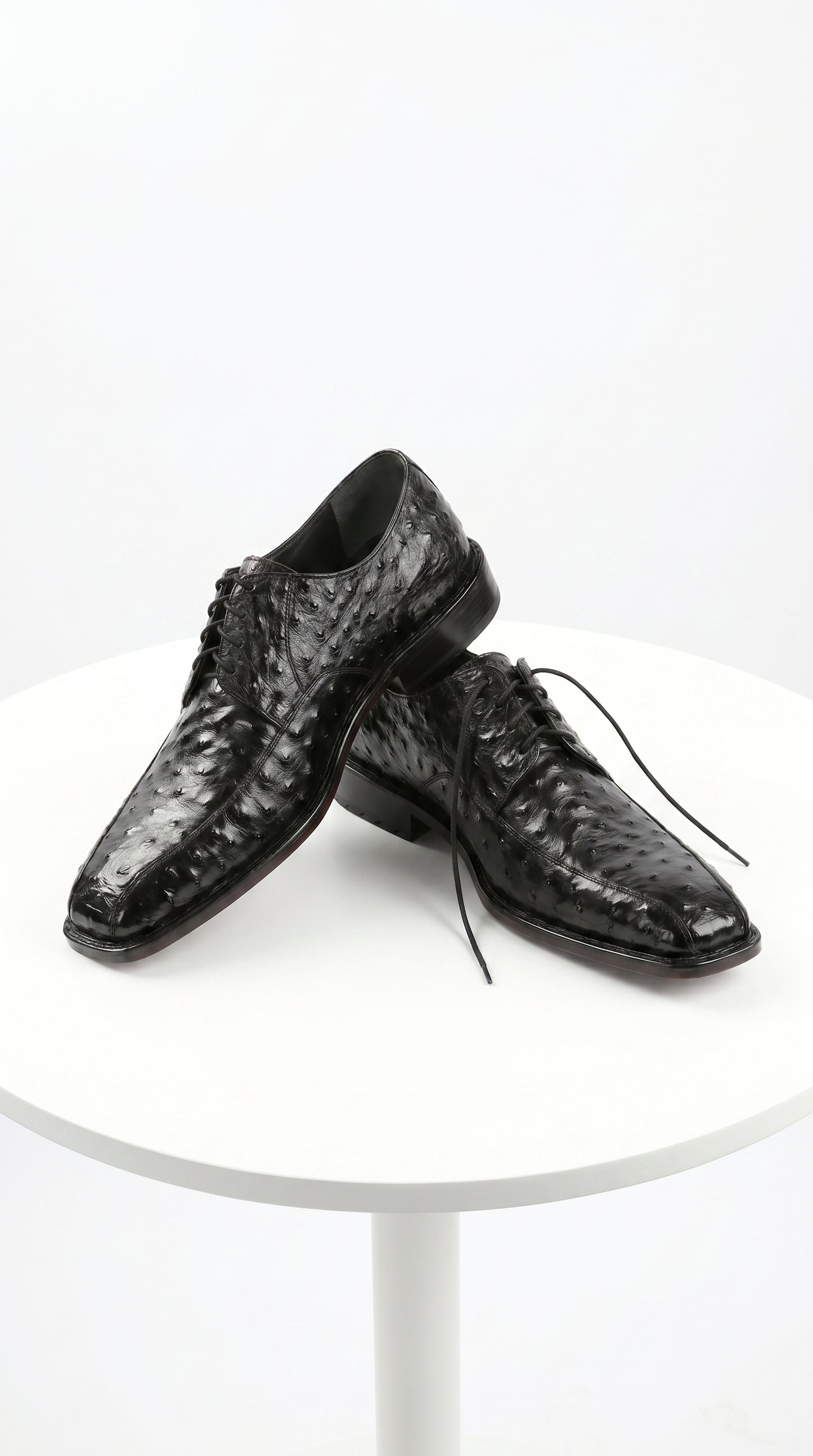 Men’s Los Altos Black Full Quill Ostrich Lace Up Dress Shoes with Bicycle Toe