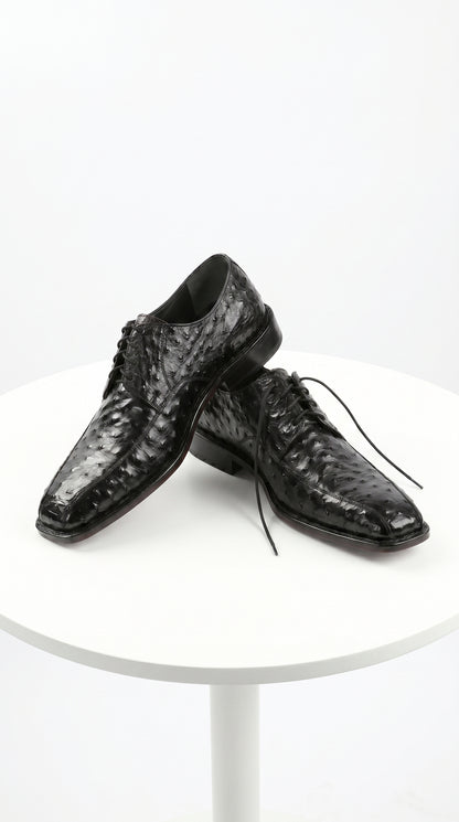Men’s Los Altos Black Full Quill Ostrich Lace Up Dress Shoes with Bicycle Toe