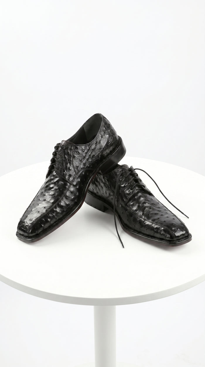 Men’s Los Altos Black Full Quill Ostrich Lace Up Dress Shoes with Bicycle Toe