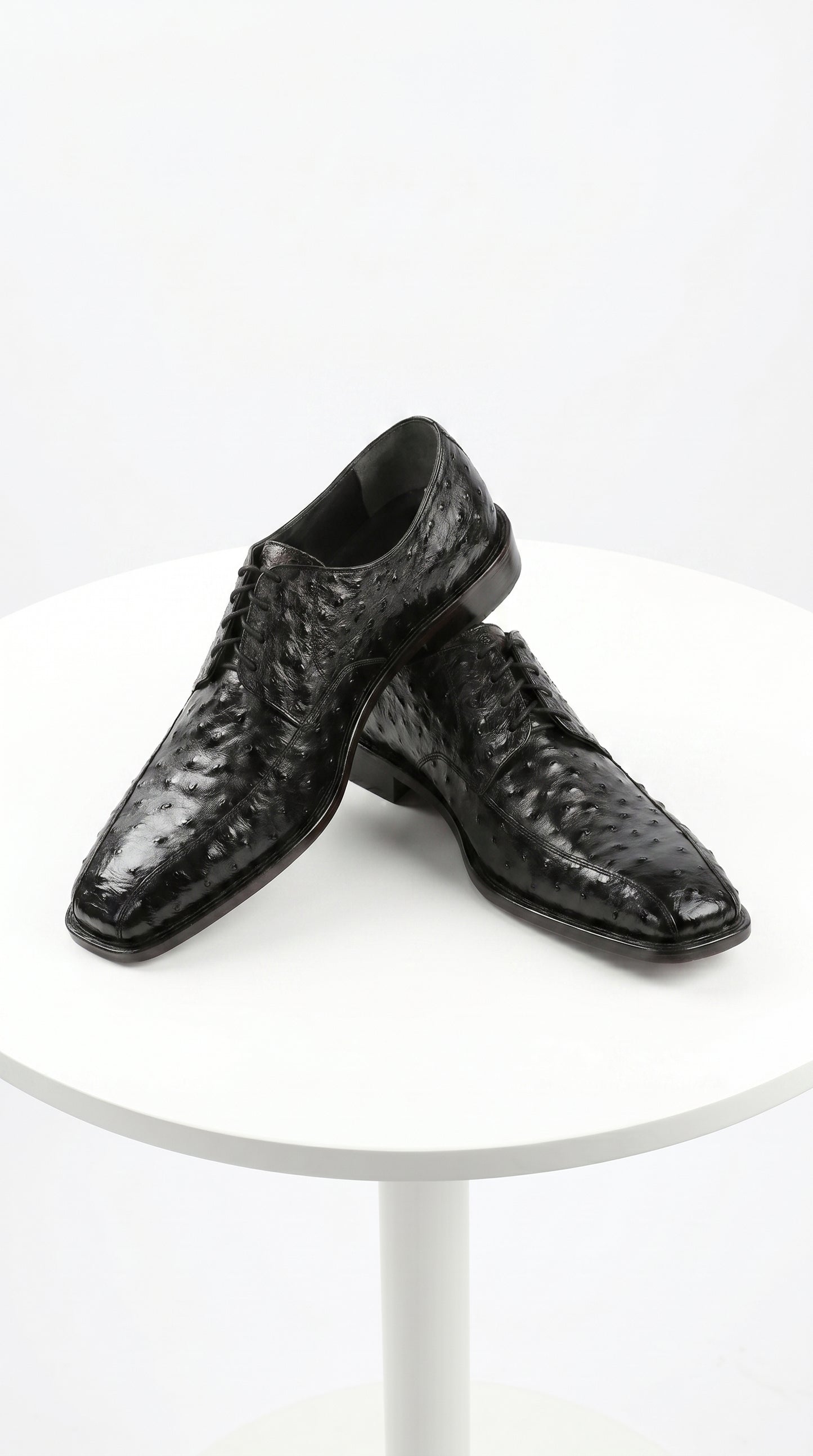 Men’s Los Altos Black Full Quill Ostrich Lace Up Dress Shoes with Bicycle Toe