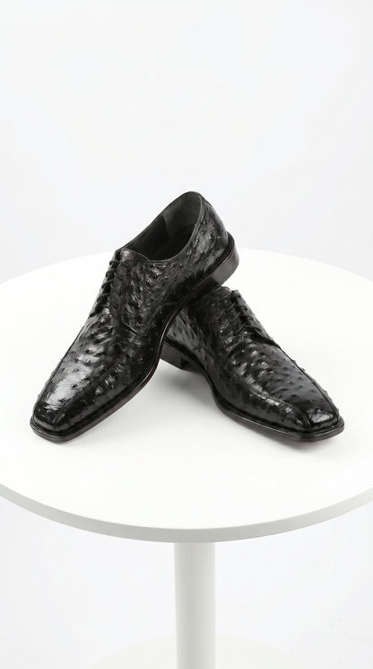 Men’s Los Altos Black Full Quill Ostrich Lace Up Dress Shoes with Bicycle Toe
