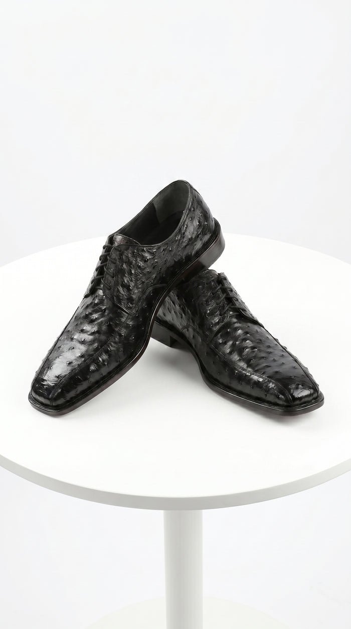Men’s Los Altos Black Full Quill Ostrich Lace Up Dress Shoes with Bicycle Toe