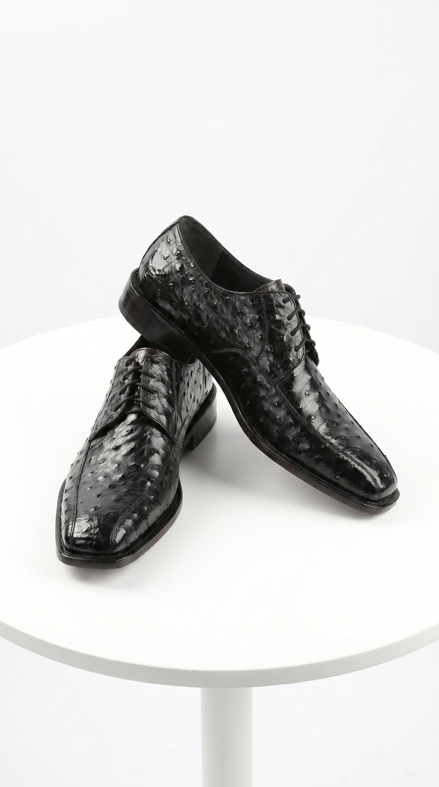 Men’s Los Altos Black Full Quill Ostrich Lace Up Dress Shoes with Bicycle Toe