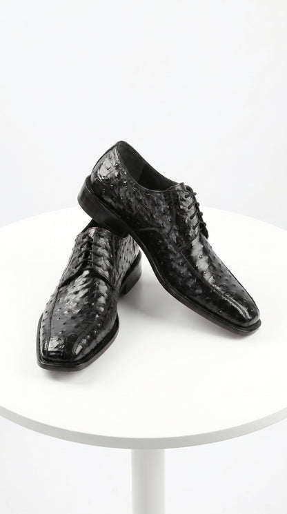 Men’s Los Altos Black Full Quill Ostrich Lace Up Dress Shoes with Bicycle Toe