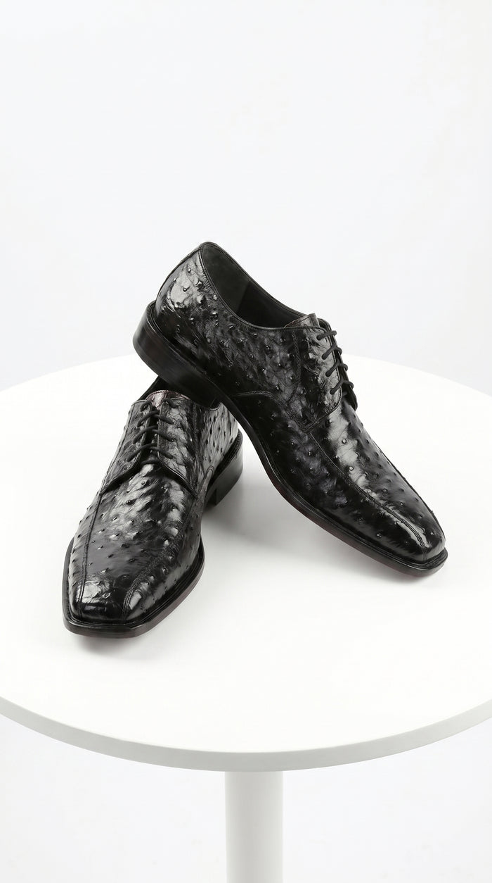 Men’s Los Altos Black Full Quill Ostrich Lace Up Dress Shoes with Bicycle Toe